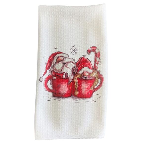 Santa and Mrs. Claus Gnomes in Cup of Cocoa Waffle Weave Kitchen Dish Towel - Picture 1 of 1